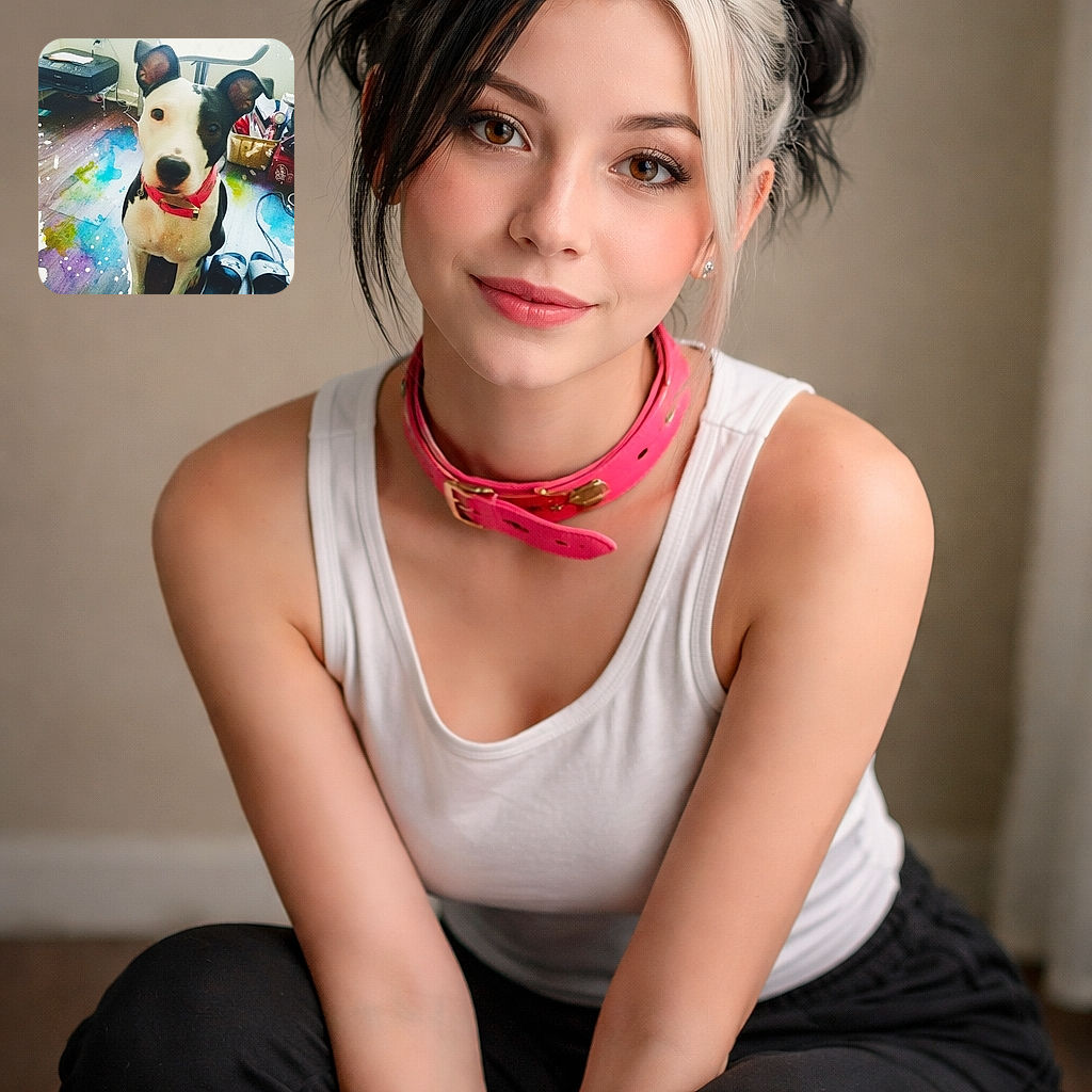 A big-eared black-and-white pup stares up with impossibly photogenic eyes, sporting a pink collar and sitting between a pair of slippers on a paint-splattered wooden floor — surrounded by home clutter like a printer, stool and bag as if it paused mid-photoshoot to demand treats.