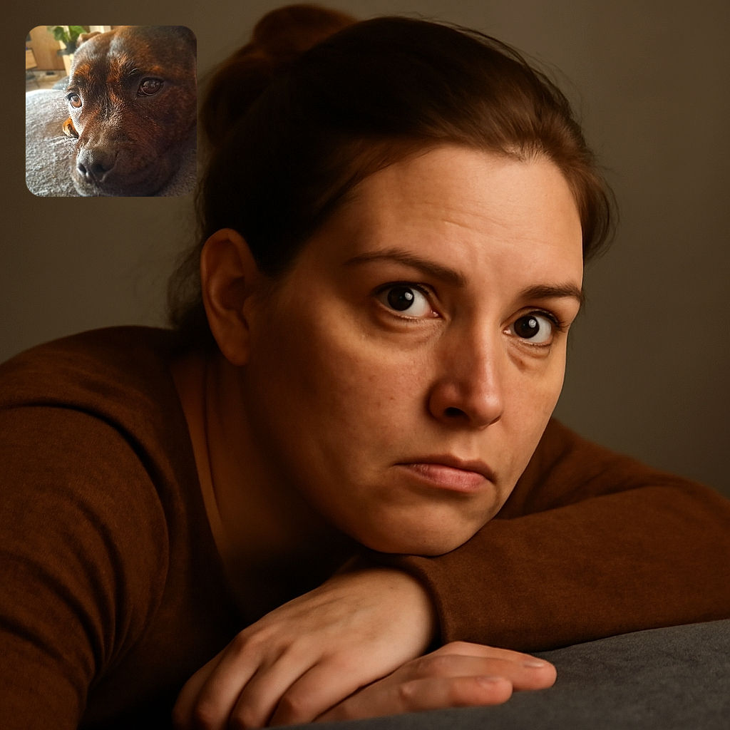 A close-up, softly focused photo of a brown dog resting its head on a gray surface, with a cozy indoor background including a TV and furniture slightly blurred out.