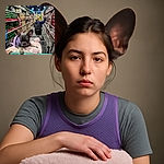 A cute gray French bulldog puppy wearing a purple harness lounges on a fluffy pink blanket inside a shopping cart in a store aisle filled with colorful Christmas ornaments. In the background, a person in a wheelchair browses the shelves, adding a sense of everyday holiday shopping hustle.