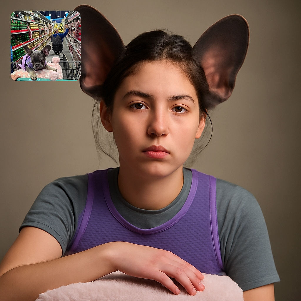 A cute gray French bulldog puppy wearing a purple harness lounges on a fluffy pink blanket inside a shopping cart in a store aisle filled with colorful Christmas ornaments. In the background, a person in a wheelchair browses the shelves, adding a sense of everyday holiday shopping hustle.