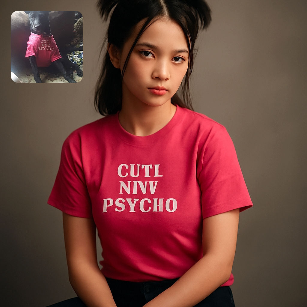 A charming black dog sits on a cozy couch, wearing a bright pink shirt that cheekily reads 'CUTE BUT PSYCHO'. The dog looks calm yet curious, with soft natural light filtering in from a window behind, casting gentle shadows and adding warmth to the scene.