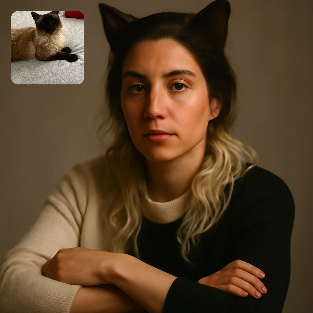 A fluffy Siamese cat lounges elegantly on a gray bedspread, looking slightly sleepy but regal, with a bright red pillow adding a pop of color in the background.
