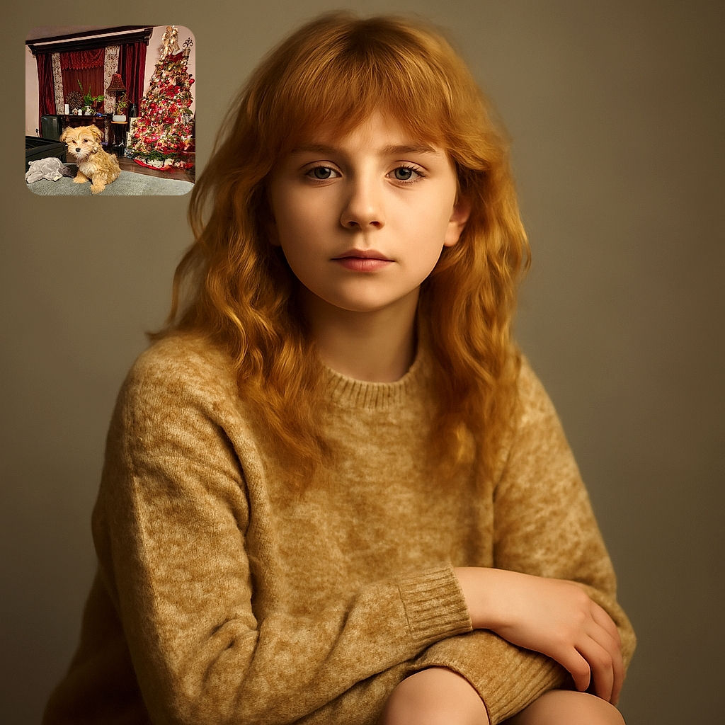 A fluffy little dog sits adorably on a couch with a plush toy nearby, against a cozy backdrop featuring a beautifully decorated Christmas tree sparkling with lights and ornaments, and rich red curtains framing the scene.
