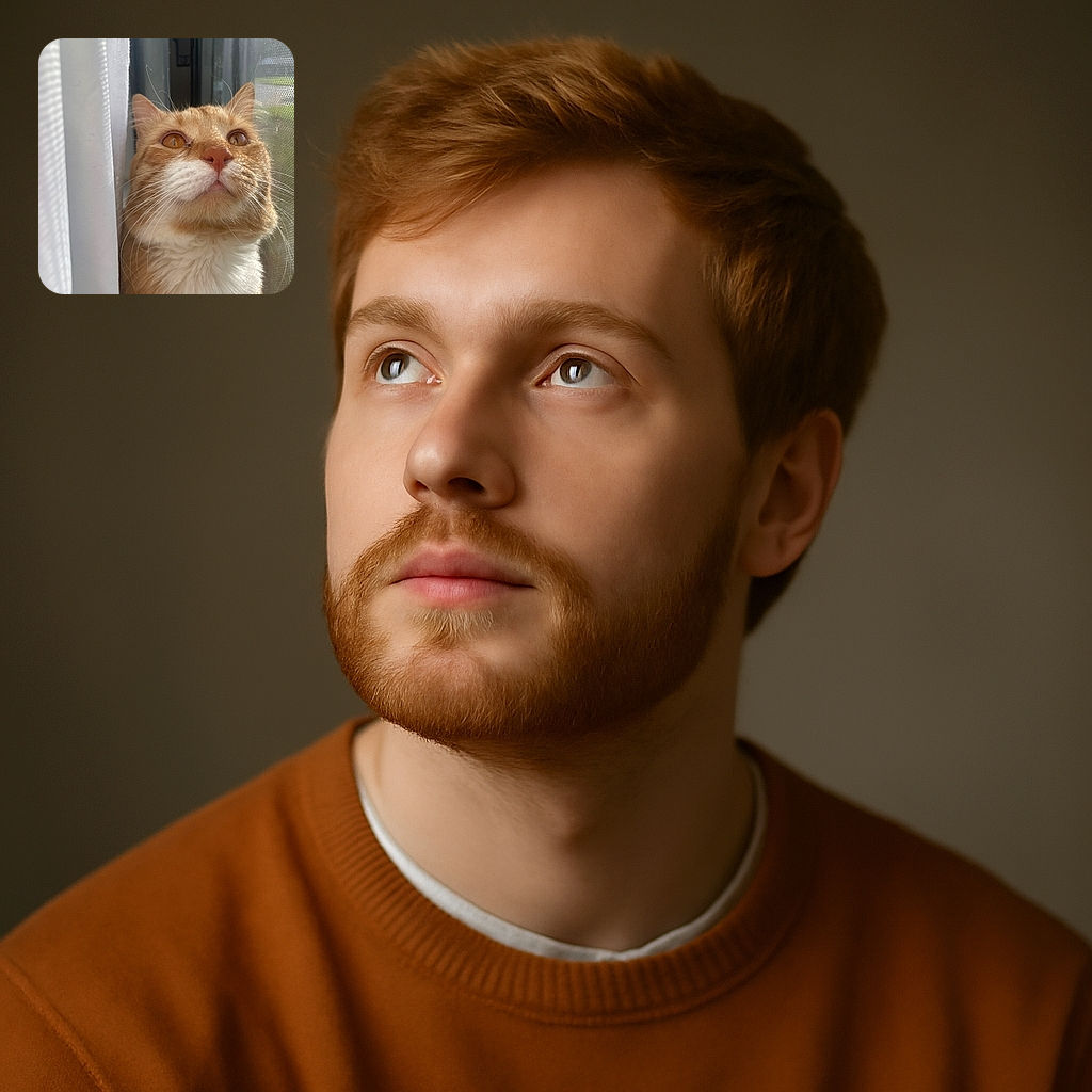 A curious ginger and white cat gazes upward with bright amber eyes, nestled cozily between a white curtain and a window screen, bathed in soft natural light that highlights its fluffy fur and delicate whiskers.