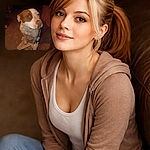 A brown-and-white dog stares up with a soulful, slightly guilty expression while standing on a torn rug beside a plastic spray bottle and a cluttered living-room floor — flash lighting gives the scene a cozy, amateur-sleuth vibe.