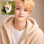 A fluffy, cream-colored dog with perky ears looks up with big, soulful eyes, standing on vibrant green grass under warm sunlight, casting a soft shadow behind.