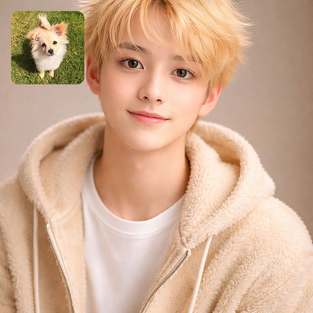 A fluffy, cream-colored dog with perky ears looks up with big, soulful eyes, standing on vibrant green grass under warm sunlight, casting a soft shadow behind.