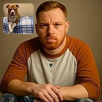 A dignified brown and white dog lounges on a blue and white plaid bedspread, crossing its paws like a sophisticated canine with impeccable manners, staring thoughtfully into the camera in a cozy, neutral-toned room.
