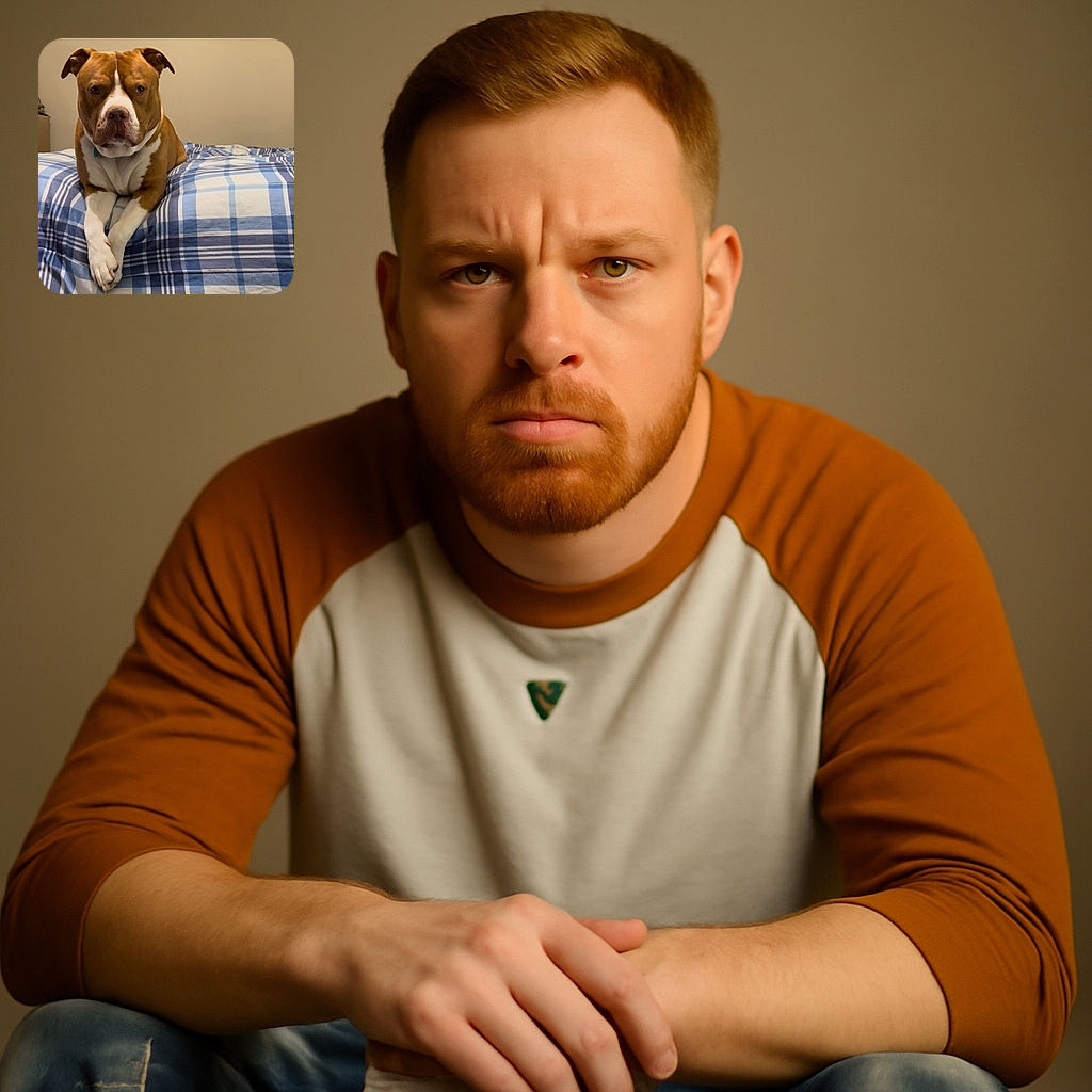 A dignified brown and white dog lounges on a blue and white plaid bedspread, crossing its paws like a sophisticated canine with impeccable manners, staring thoughtfully into the camera in a cozy, neutral-toned room.