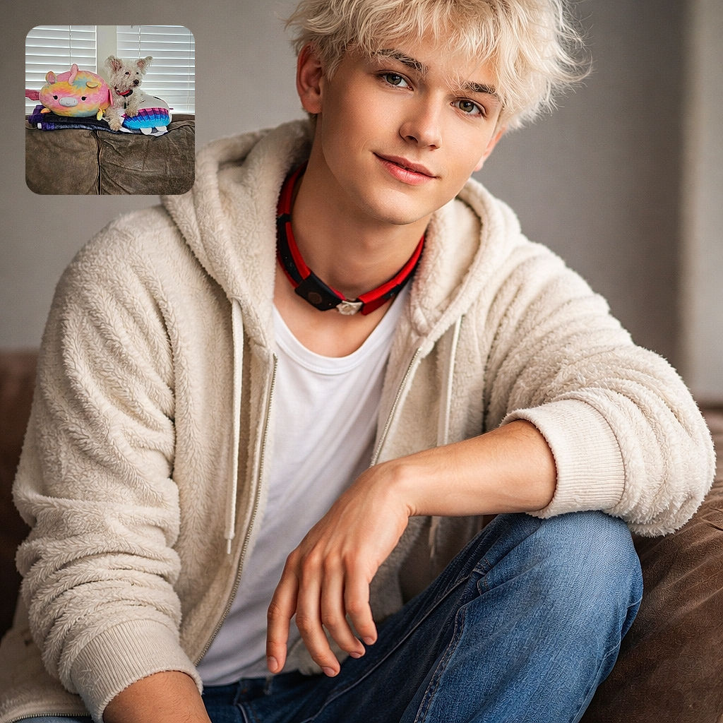 A fluffy white dog lounges comfortably on a couch next to colorful, whimsical stuffed animals, set against a backdrop of white blinds. The dog looks relaxed and slightly curious, blending perfectly with the cozy and playful vibe of the scene.
