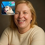 A happy wet dog, likely a Labrador, is enjoying a bath in a stainless steel tub, tongue out and looking content, with a bright blue wall and a colorful sign in the background adding a playful vibe.