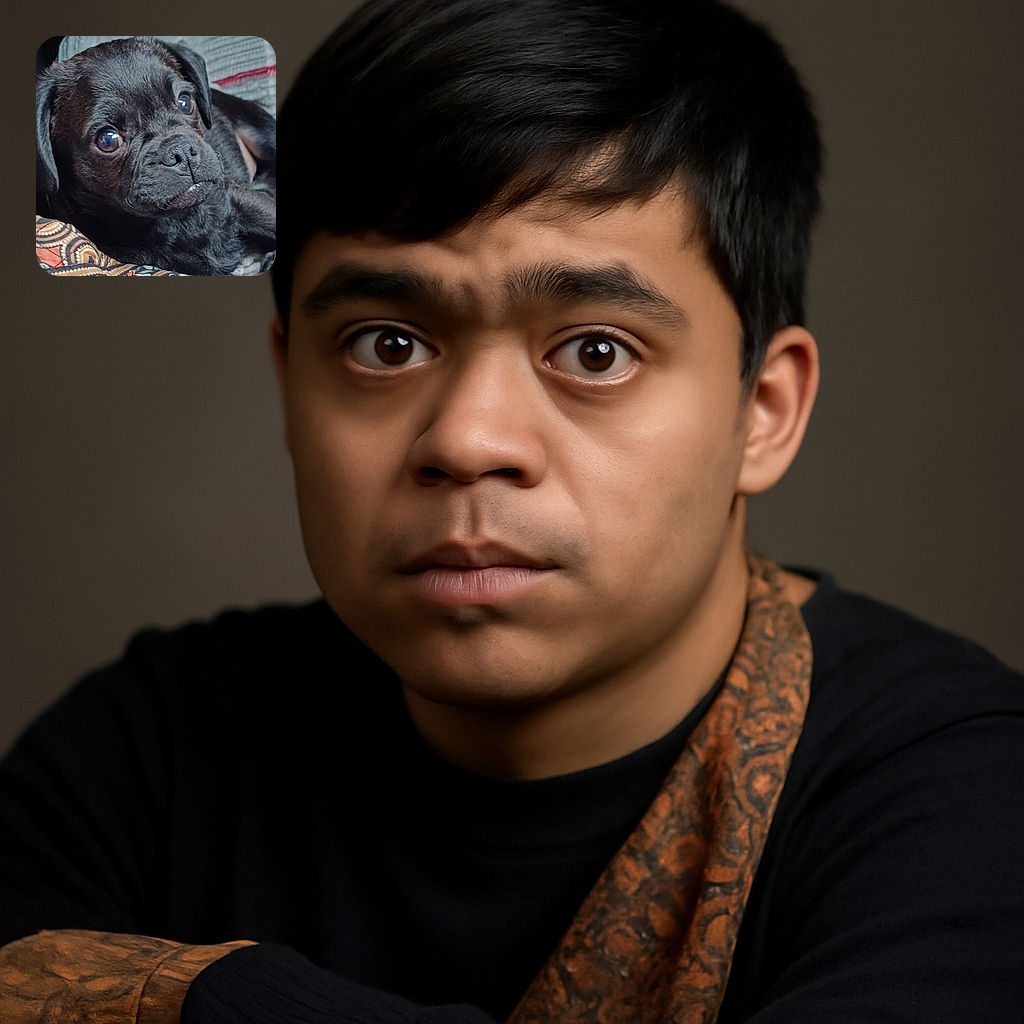 A close-up of a black pug puppy with big, shiny eyes looking curiously off-camera, lying comfortably on a patterned blanket and soft cushions, with a cozy indoor vibe.