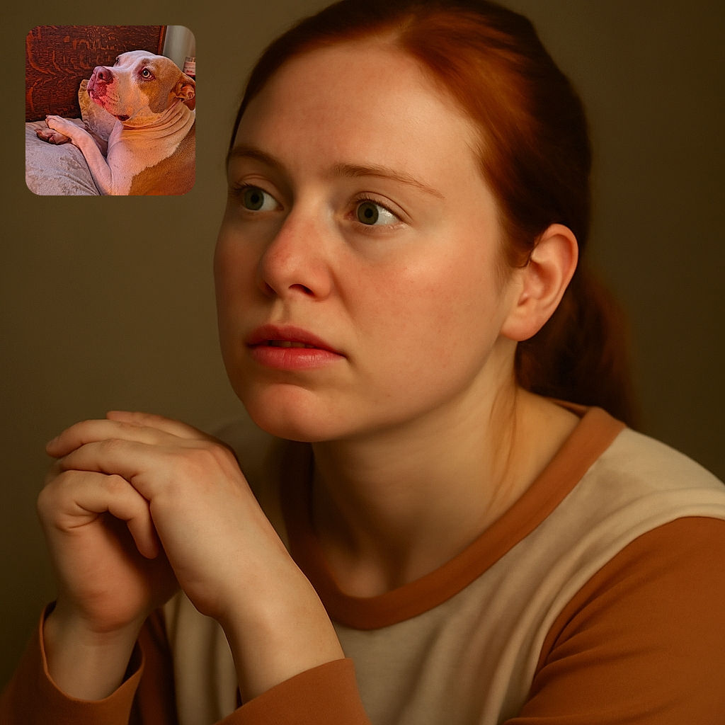 A charming dog lounges comfortably on a soft cushion, gazing thoughtfully into the distance with warm lighting enhancing its gentle expression and the cozy wooden background adding rustic charm.