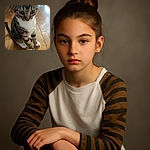 A curious tabby cat with big, expressive eyes sits attentively on a wooden floor, looking slightly downward as if pondering the mysteries of the universe or just waiting for a treat.