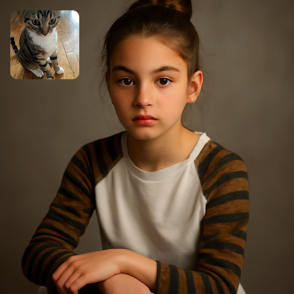 A curious tabby cat with big, expressive eyes sits attentively on a wooden floor, looking slightly downward as if pondering the mysteries of the universe or just waiting for a treat.