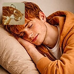 A cozy orange and white cat is peacefully napping on a soft beige blanket, curled up with its eyes closed and tail wrapped around its body, radiating calm and comfort in a simple indoor setting.