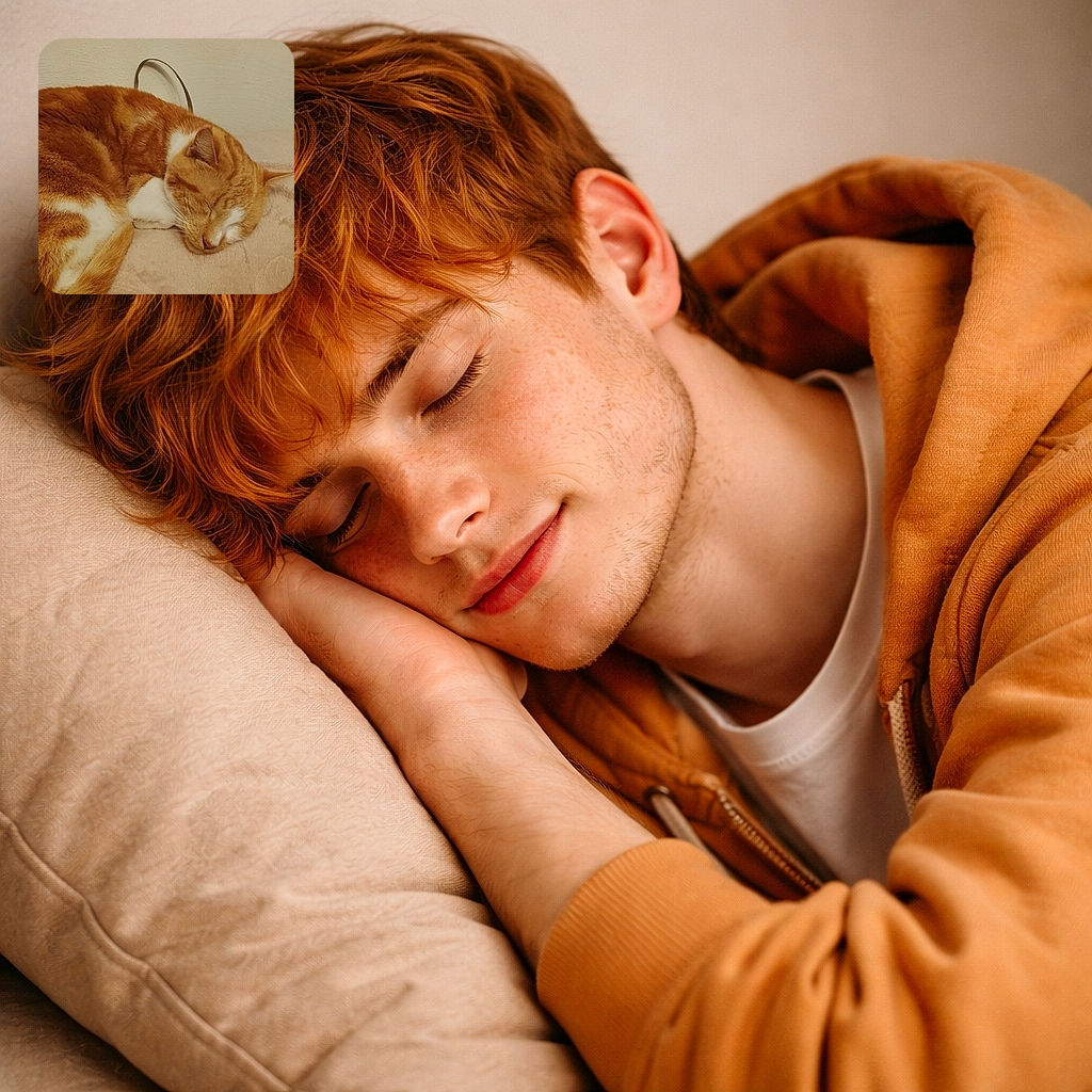 A cozy orange and white cat is peacefully napping on a soft beige blanket, curled up with its eyes closed and tail wrapped around its body, radiating calm and comfort in a simple indoor setting.