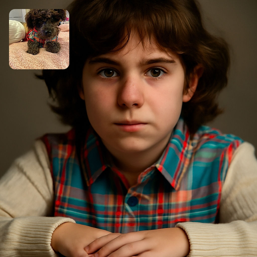A fluffy black dog with curly fur lounges on a cozy pink blanket, dressed in a colorful plaid outfit. The dog's curious eyes peek out from under its tousled ears, while a white knitted sweater and decorative crosses decorate the softly lit background.