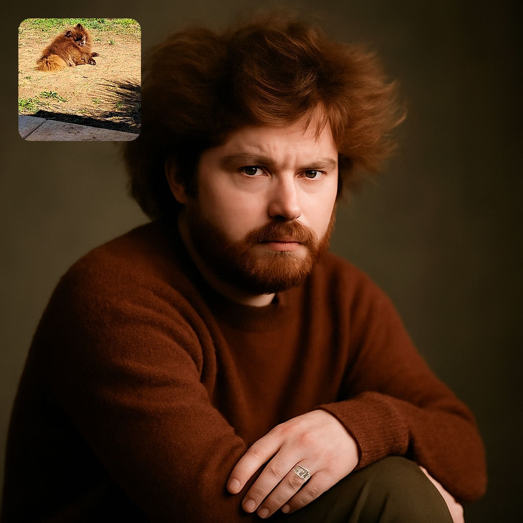 A fluffy brown dog lounges lazily on a patch of dirt with some scattered greenery, soaking up the sun with a relaxed and slightly sleepy expression.