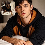 A small black and tan dog with expressive eyes lounges comfortably on a cozy white blanket, set against a softly blurred background featuring a ring light and textured wall, capturing a calm and intimate moment.