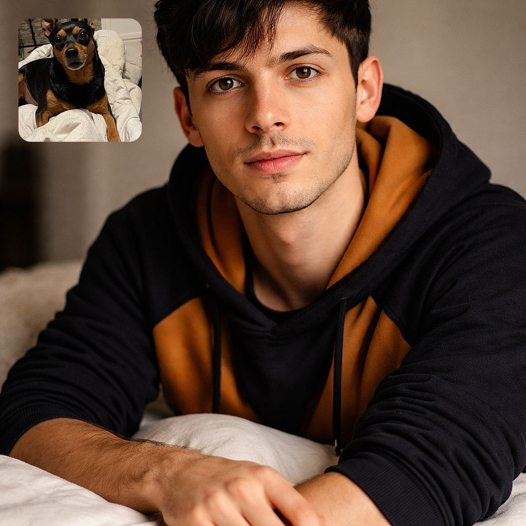 A small black and tan dog with expressive eyes lounges comfortably on a cozy white blanket, set against a softly blurred background featuring a ring light and textured wall, capturing a calm and intimate moment.