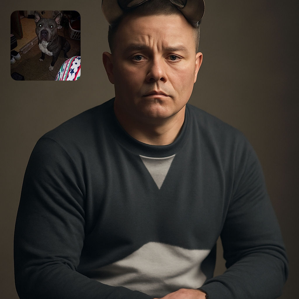 A serious-looking dog with glowing eyes from the flash sits on a worn carpet inside a dimly lit room cluttered with household items, including a laundry basket and shoes, while a colorful patterned blanket peeks into the frame.