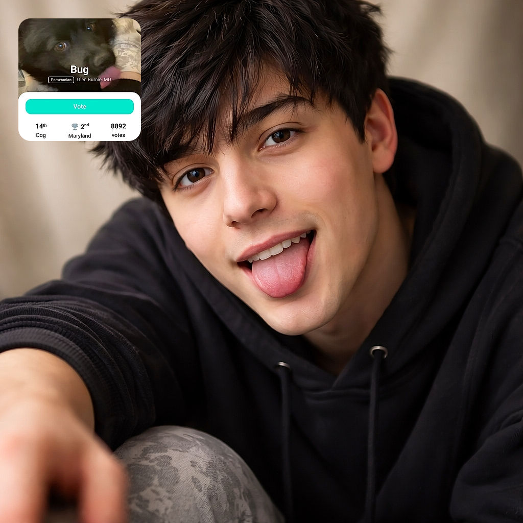 Bug the fluffy black Pomeranian leans into the camera with a dramatic tongue-lick while a giant voting app UI photobombs the shot — cozy indoor background, slightly soft/blurry focus, but overflowing with charm and personality.