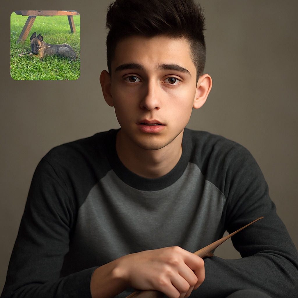 A playful puppy lies on lush green grass under a wooden bench, chewing on a stick with curious eyes and perky ears, enjoying a peaceful moment in the outdoors.