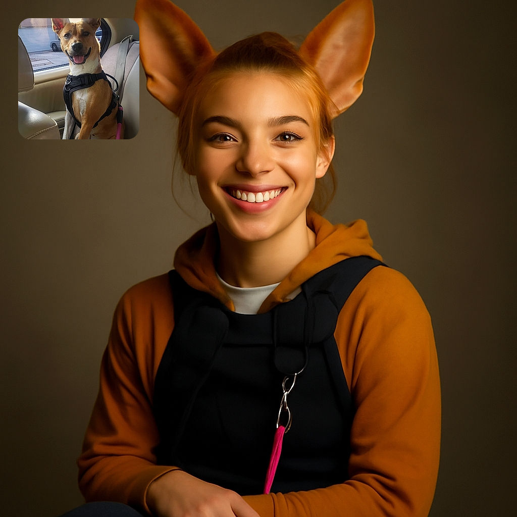 A happy dog wearing a black harness sits comfortably in the back seat of a car, tongue out and ears perked up, ready for an adventure or a car ride full of tail wags and window sniffs.
