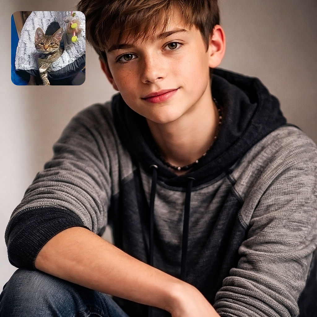 A smug tabby kitten peeks out of a fluffy cave like it owns the place, one paw casually dangling while a toy mouse hangs nearby — pure confidence and maximum fluff in a single portrait.