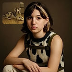 A charming Great Dane puppy with a spotted black and white coat lounges on a textured carpet in front of a beige couch, looking curiously at the camera with its large paws stretched out.