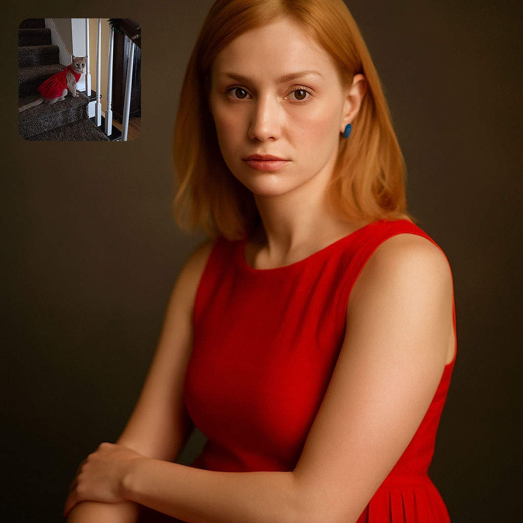 A charming cat wearing a bright red dress sits on a carpeted staircase, looking curiously towards the camera. The staircase is decorated with festive garland on the banister, adding a cozy holiday vibe to the scene.