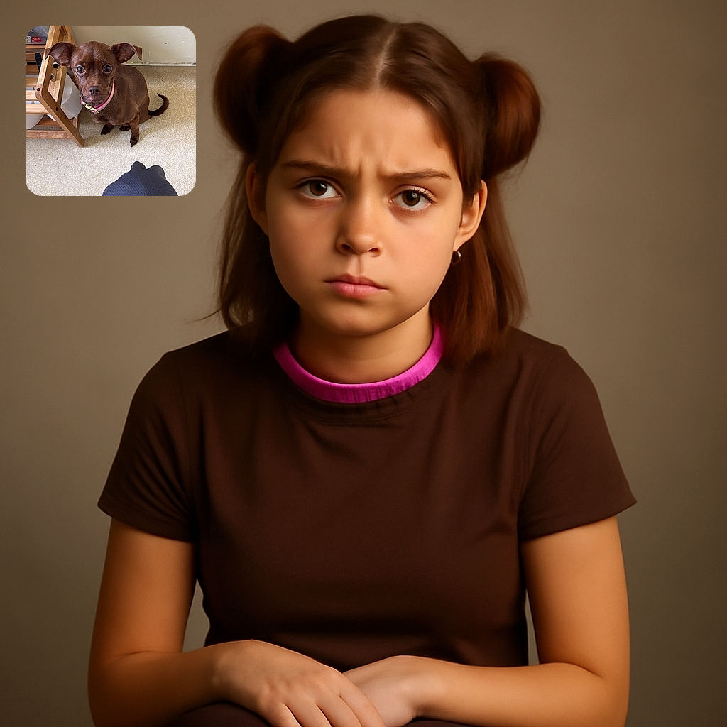 A small brown dog with big ears and a pink collar looks up with an innocent expression, sitting on a beige carpet near a wooden rack. The text overlay humorously says, 'Im supposed to be mad at her🥺', adding to the dog's adorable, guilt-tripped vibe.