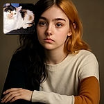 A fluffy calico cat lounging comfortably on a dark surface, its green eyes wide open and alert. The cat's fur is a mix of white, black, and orange patches, with a soft, cozy texture. The background is dark with a hint of blue, making the cat stand out as the main subject.