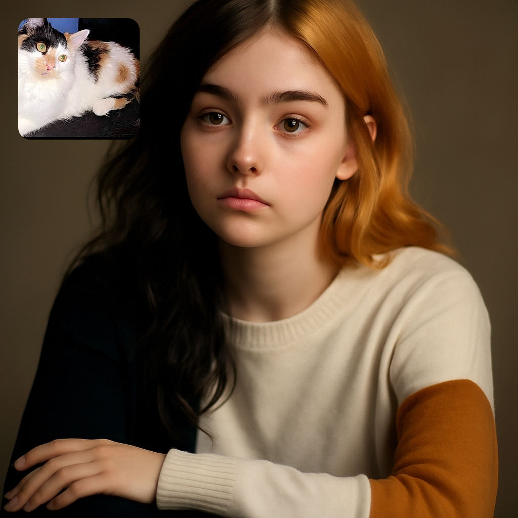 A fluffy calico cat lounging comfortably on a dark surface, its green eyes wide open and alert. The cat's fur is a mix of white, black, and orange patches, with a soft, cozy texture. The background is dark with a hint of blue, making the cat stand out as the main subject.