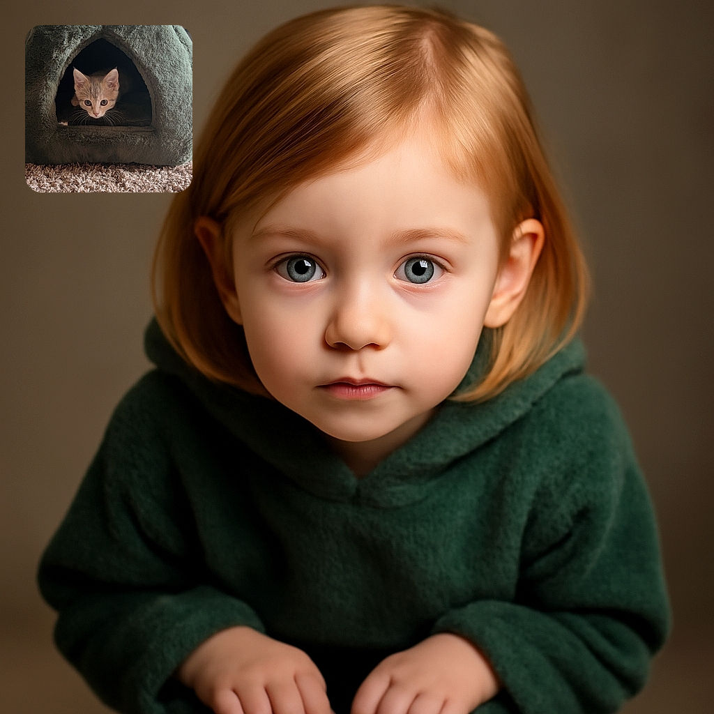 A curious kitten peeks out from a cozy, green fuzzy pet cave, eyes wide and alert, ready to pounce on an invisible prey. The soft carpet in the foreground adds to the warm, homey vibe of this feline hideout.