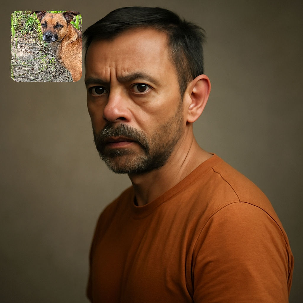 A brown dog with a slightly dusty nose stands alert in a natural outdoor setting filled with green plants and dry soil, looking curiously towards the camera as if caught mid-thought.