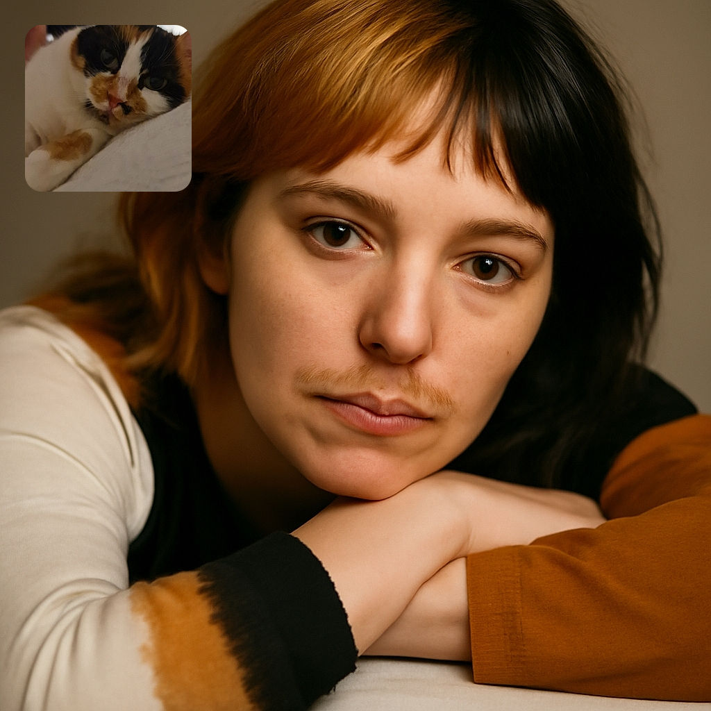 A close-up photo of a calico cat lounging comfortably on a white surface, with a slightly blurry background and soft lighting giving a cozy, relaxed vibe.