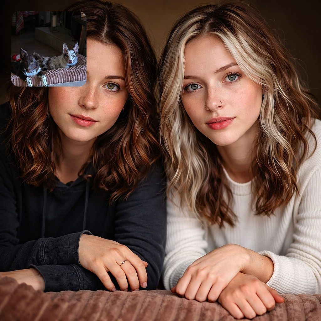 Two attentive dogs sprawled on a ribbed dog bed like roommates who just heard the treat jar open — one chocolate-and-white pup and one merle look straight at the camera with big ears and judging eyes. The cozy living room scene shows tiled floor in front, a plaid-covered table and vase in the background, and the dogs claiming prime real estate on the comfiest spot in the house.