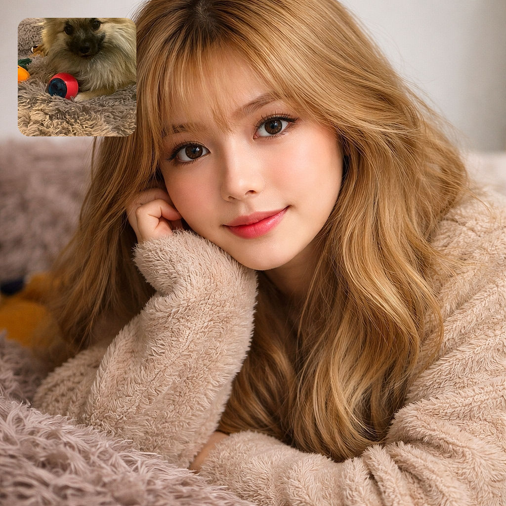 A fluffy Pomeranian lounges on a shaggy beige blanket, eyes like tiny black marbles fixed on the camera while guarding a red-and-blue toy ball — clearly plotting playtime. The background is soft and cozy, the fur is gloriously voluminous, and the whole scene reads like a bedtime story where the main character refuses to share their favorite squeaky treasure.
