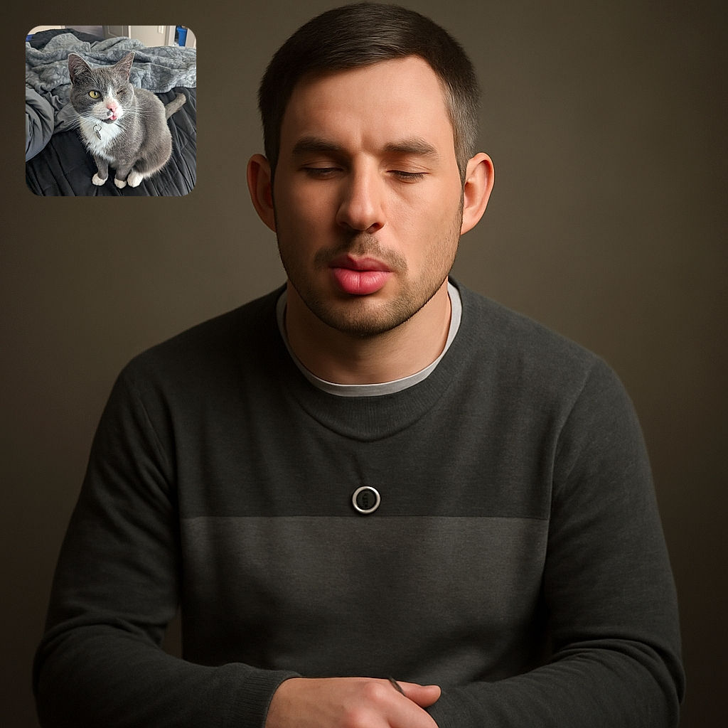 A charming grey and white cat sitting on a black quilted bedspread, winking one eye and sticking its tongue out slightly, wearing a collar with a tag. The background shows a cozy bedroom with a slightly rumpled grey blanket and a partially open door.
