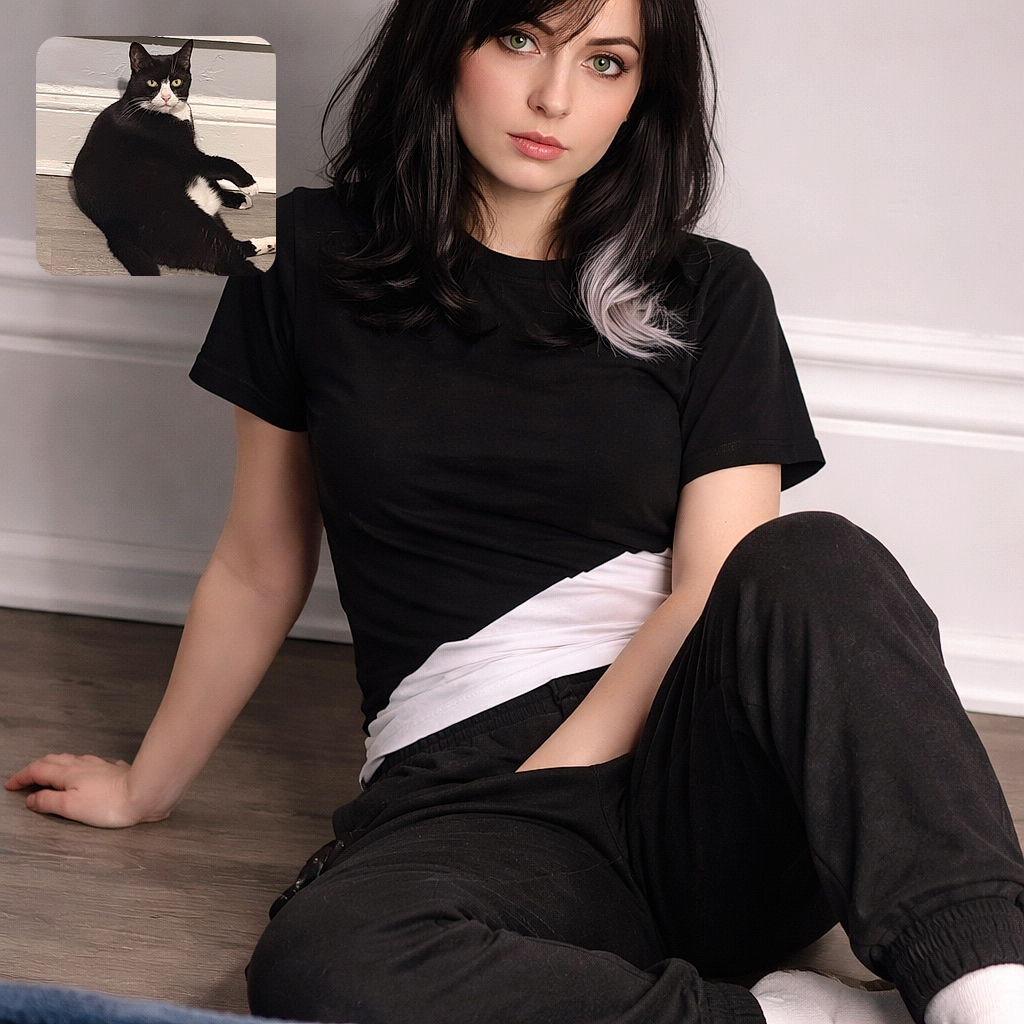 A sleek black and white tuxedo cat lounges on a wooden floor, looking directly at the camera with bright yellow eyes and an expression that says, 'Yes, I own this place.' The plain wall and baseboard in the background keep the focus on this feline royalty.