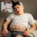 A chubby spotted puppy is taking a deep nap on a fluffy brown bed surrounded by soft blankets, looking utterly peaceful and adorably relaxed with one ear flopped up like a tiny antenna.