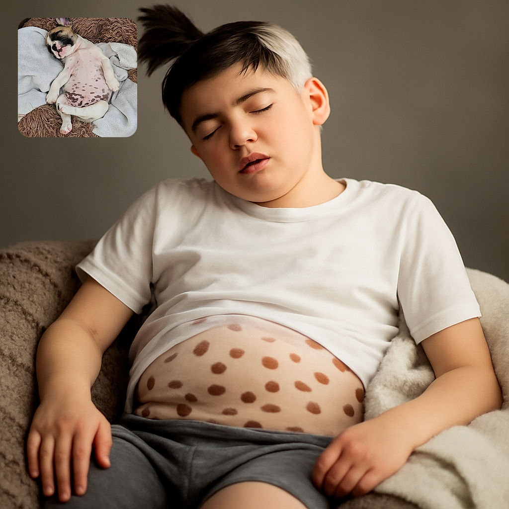 A chubby spotted puppy is taking a deep nap on a fluffy brown bed surrounded by soft blankets, looking utterly peaceful and adorably relaxed with one ear flopped up like a tiny antenna.