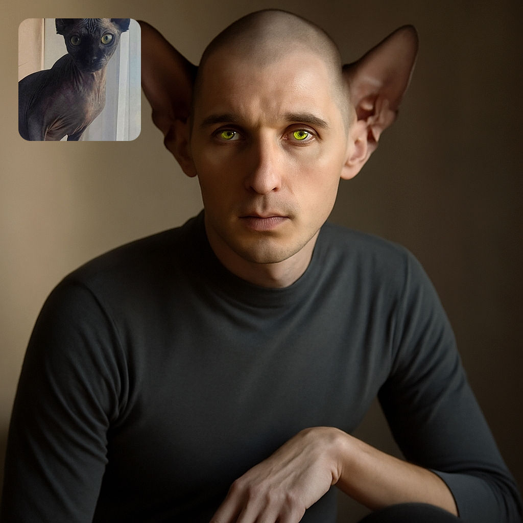 A curious Sphynx cat with large ears and striking yellow eyes stares intently at the camera, perched on a soft blue blanket in front of a sheer white curtain, showcasing its unique wrinkled skin and elegant posture.