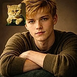 A charming golden-brown kitten peeks over a green surface with curious, wide eyes and tiny paws gripping the edge, set against a dark, softly lit background that highlights its fluffy fur and adorable expression.