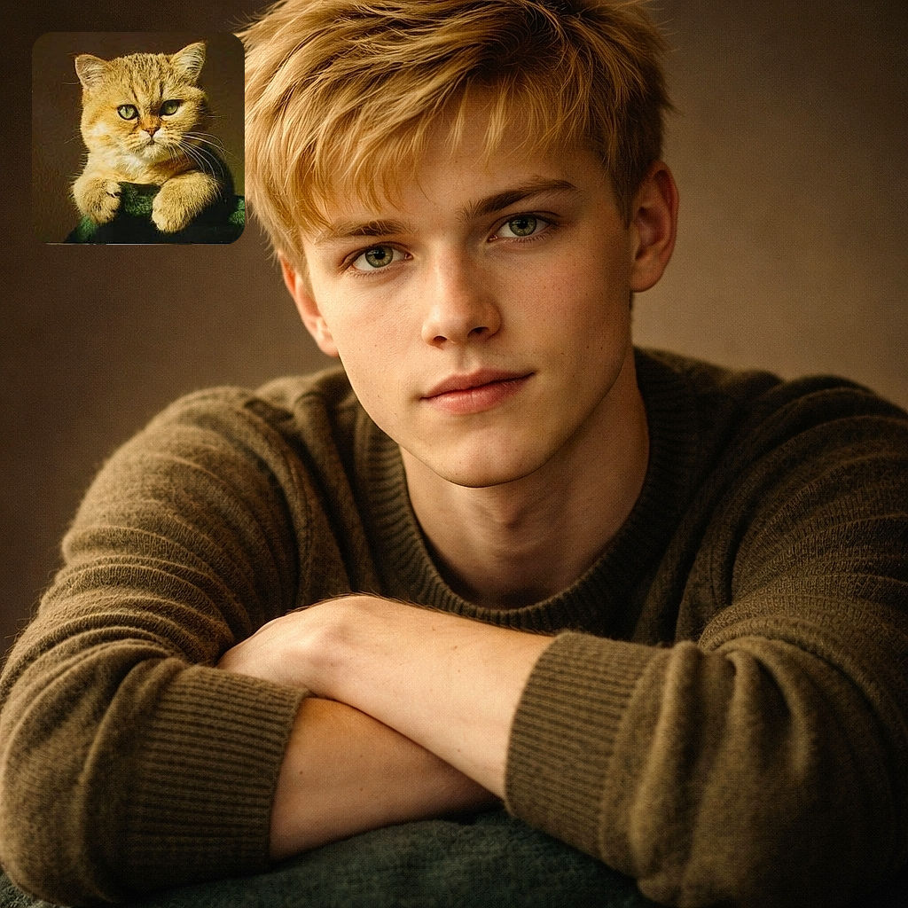 A charming golden-brown kitten peeks over a green surface with curious, wide eyes and tiny paws gripping the edge, set against a dark, softly lit background that highlights its fluffy fur and adorable expression.