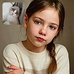 A fluffy kitten with stunning blue eyes lounges comfortably against a soft white background, looking at the camera with a relaxed and slightly sleepy expression, perfectly capturing the essence of cozy feline charm.