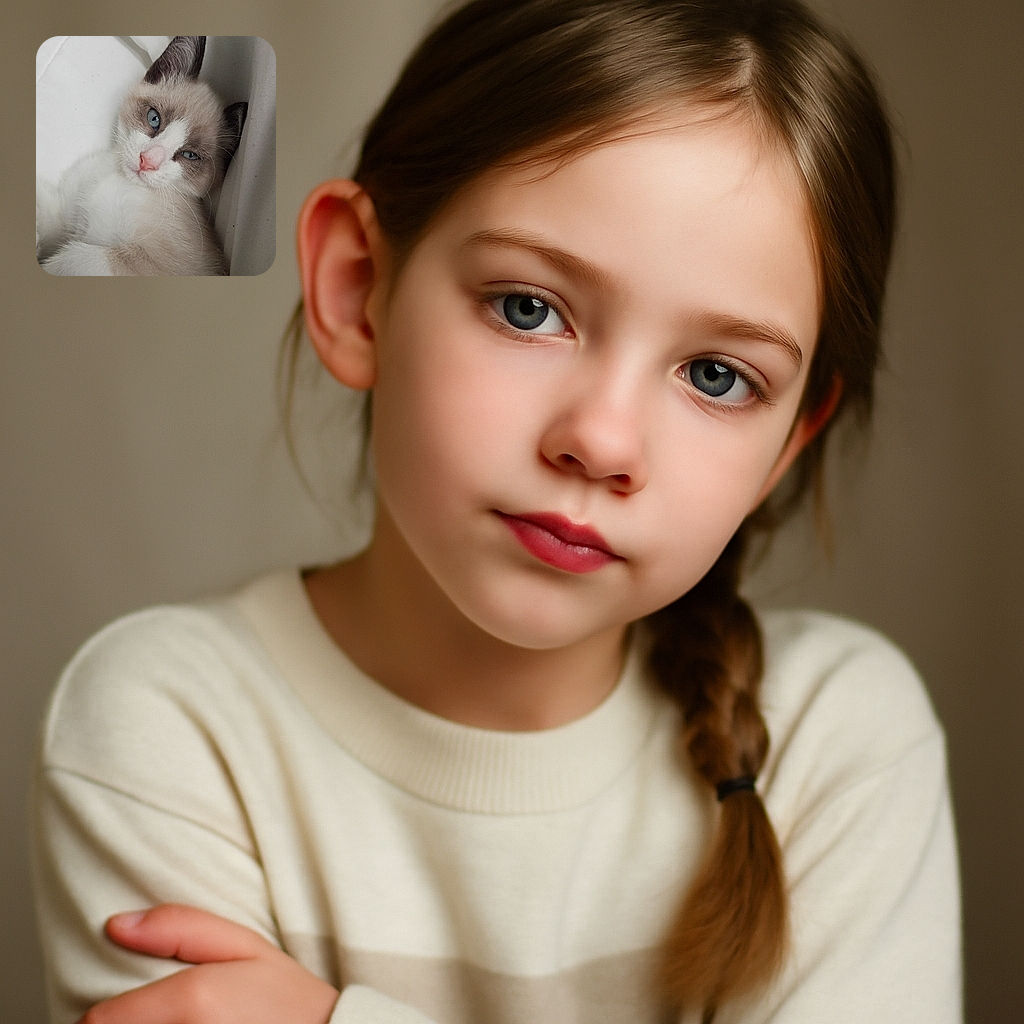 A fluffy kitten with stunning blue eyes lounges comfortably against a soft white background, looking at the camera with a relaxed and slightly sleepy expression, perfectly capturing the essence of cozy feline charm.