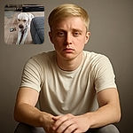 A sleepy Labrador stretches out on a wooden floor next to a gray couch, with a TV and a decorative vase in the background, looking like it's contemplating the mysteries of the universe or just waiting for a treat.